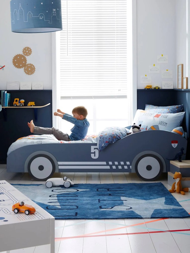 Cama em forma de carro de corrida, Carros azul medio liso com motivo