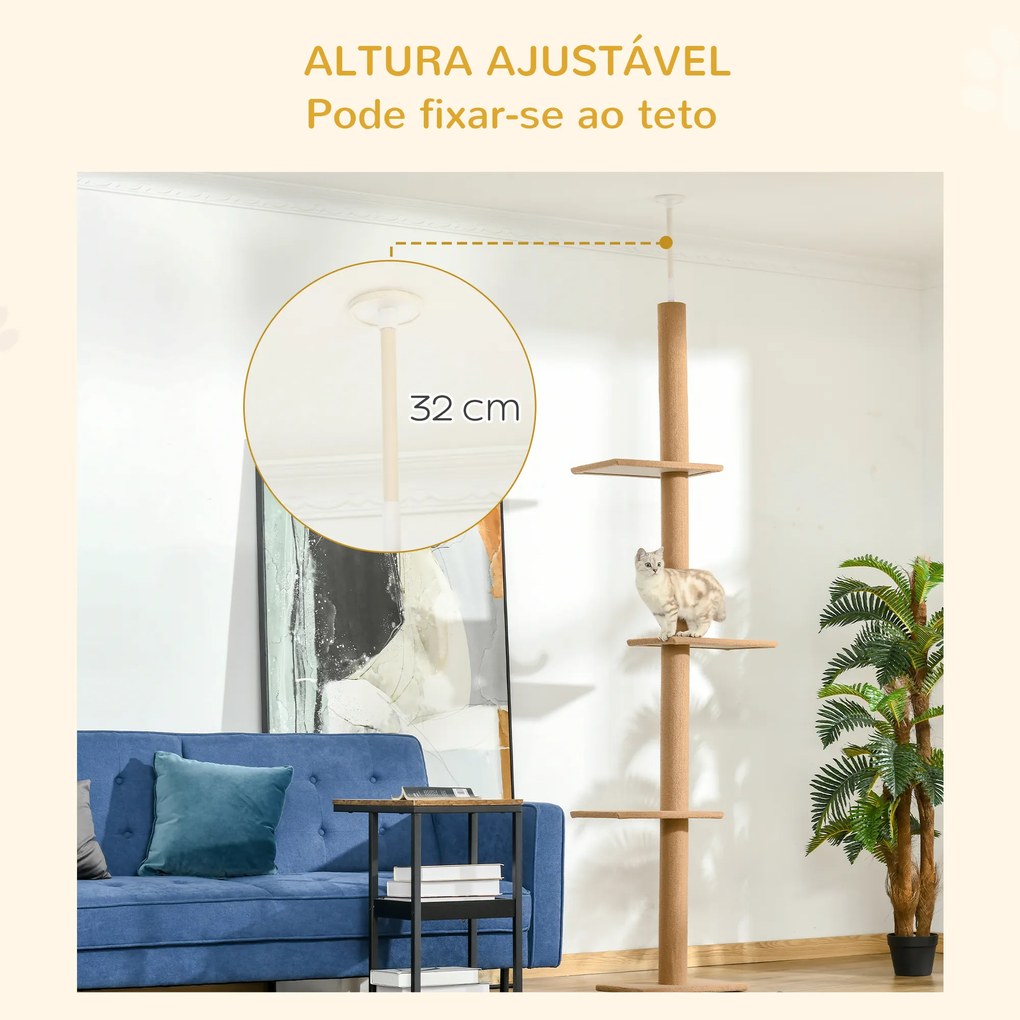Arranhador para Gatos de Chão ao Teto com Altura Ajustável 4 Plataformas e Poste de Sisal 43x27x228-260 cm Castanho Claro