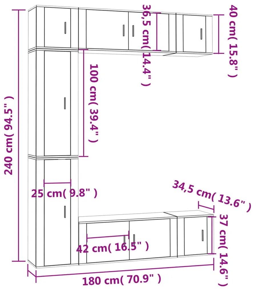 7 pcs conjunto móveis de TV madeira processada branco brilhante