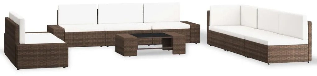vidaXL 9 pcs conjunto lounge para jardim vime PE castanho