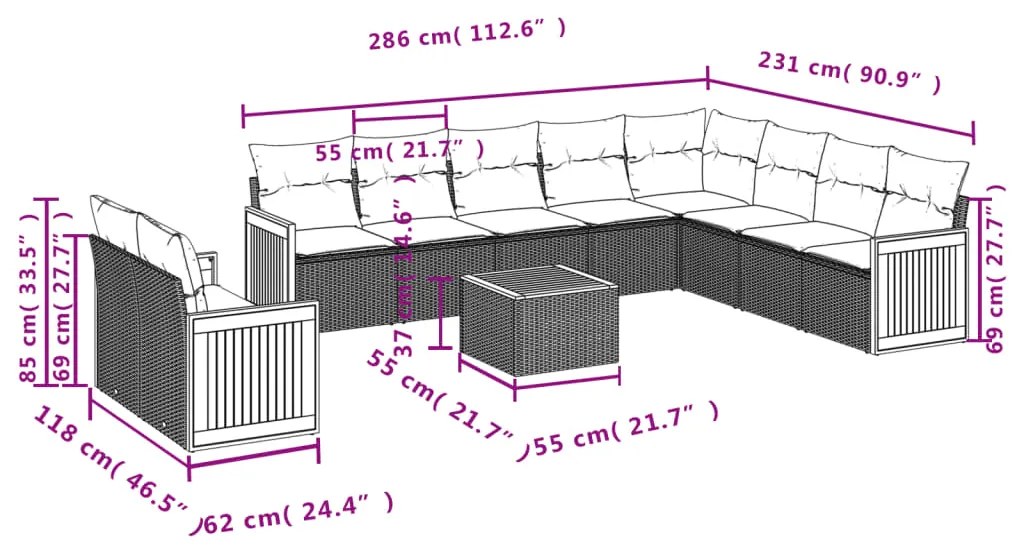 11 pcs conjunto sofás de jardim c/ almofadões vime PE preto