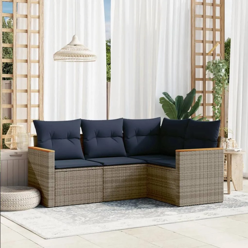 vidaXL 4 pcs conjunto sofás p/ jardim c/ almofadões vime PE cinzento