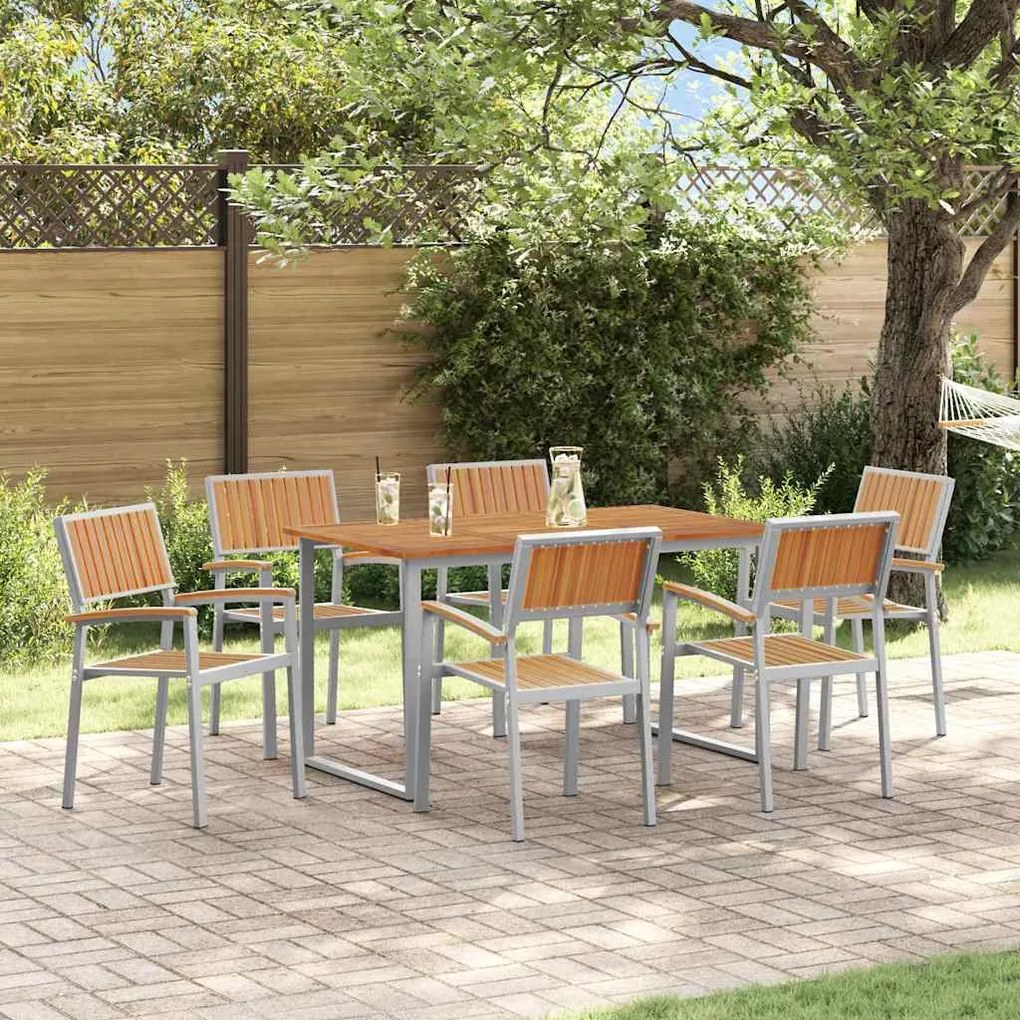 Conjunto de Jantar de Jardim de 7 Peças Cinza em Aço e Madeira de Acác