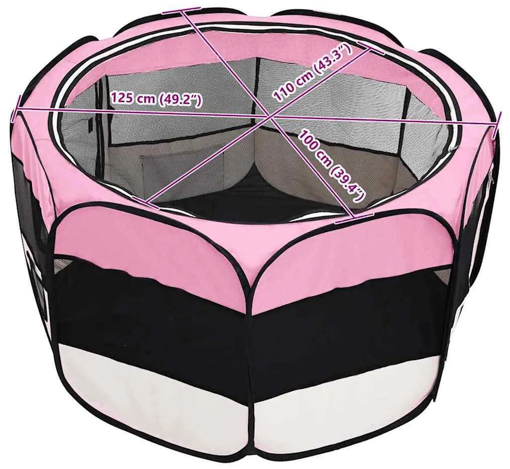 Parque dobrável p/ cão c/ saco de transporte 125x125x61cm rosa