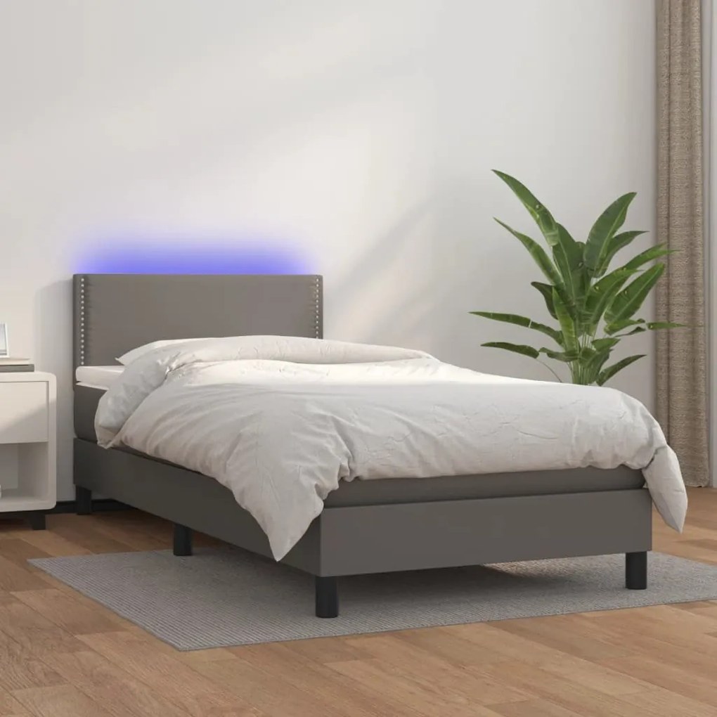 Cama box spring c/ colchão/LED 90x190 cm couro artificial cinza