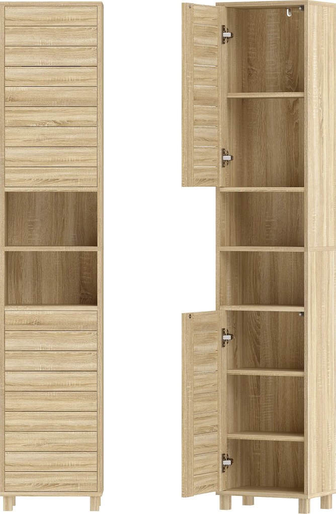 HOMCOM Coluna Casa de Banho Armário Alto de Casa de Banho com Prateleiras Ajustáveis Portas de Ripas 34x23x170 cm Madeira | Aosom Portugal