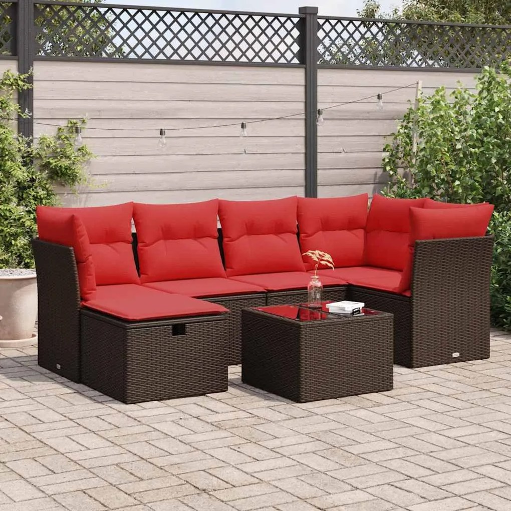 7 pcs conjunto de sofás jardim c/ almofadões vime PE castanho