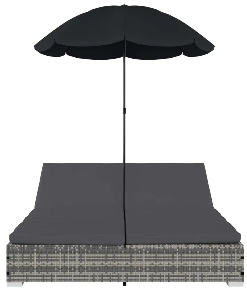 Espreguiçadeira de exterior com guarda-sol vime PE cinzento