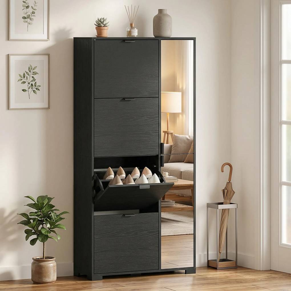 Sapateira, Armário para Sapatos, 82 x 30 x 168 cm, 2 Portas Espelhadas, Preto