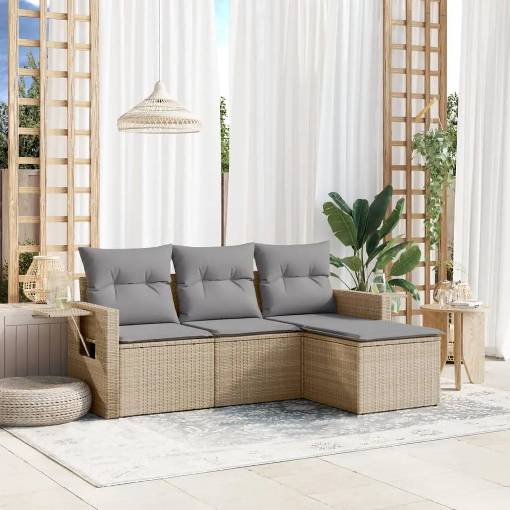 4 pcs conjunto de sofás para jardim c/ almofadões vime PE bege