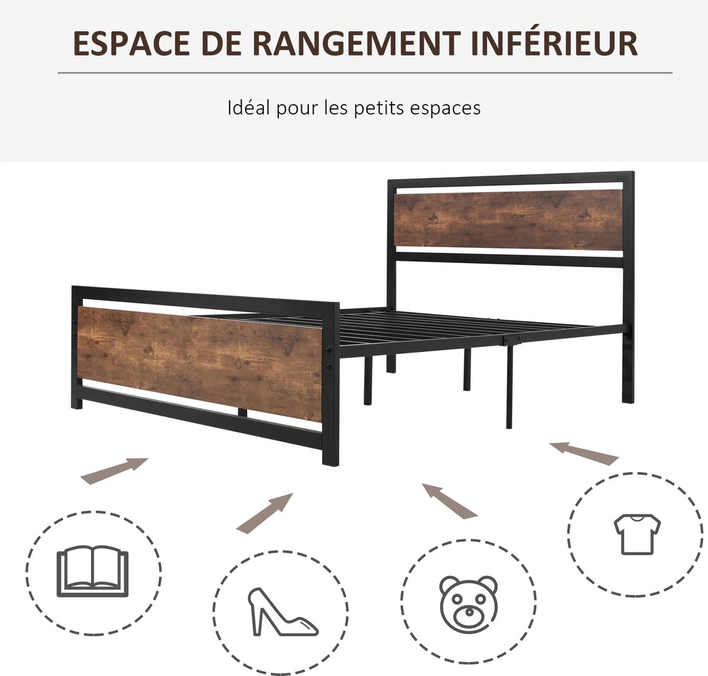 Estrutura de cama de casal em aço com base de cama e cabeceira, compatível com colchões de 190 x 140 cm (NÃO INCLUÍDO), com acabamento em madeira escu
