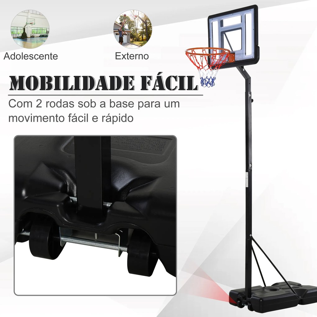 Cesta de basquete com suporte portátil Aro de cesta ajustável em altura com base recarregável para crianças e adultos 86x153x250-350 cm Preto