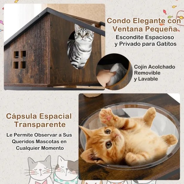 Árvore para gatos 80 x 48 x 150 cm com compartimento para caixa de areia Postes para arranhar Cápsula espacial Bola Castanho Rústico + Preto