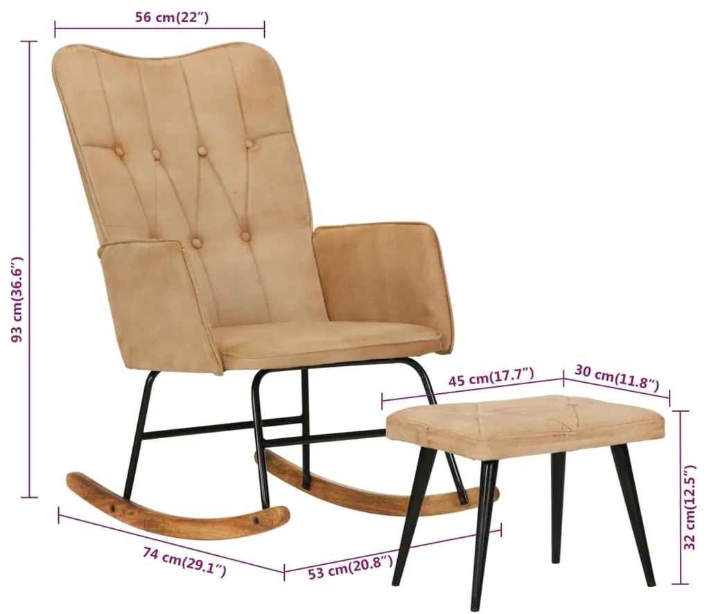 Cadeira de baloiço com apoio de pés lona vintage cor creme