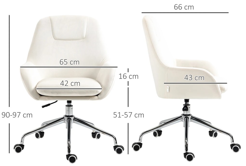 Vinsetto Cadeira de Escritório Operativa Giratória de Veludo com Altura Ajustável e Rodas 65x66x90-97cm Creme