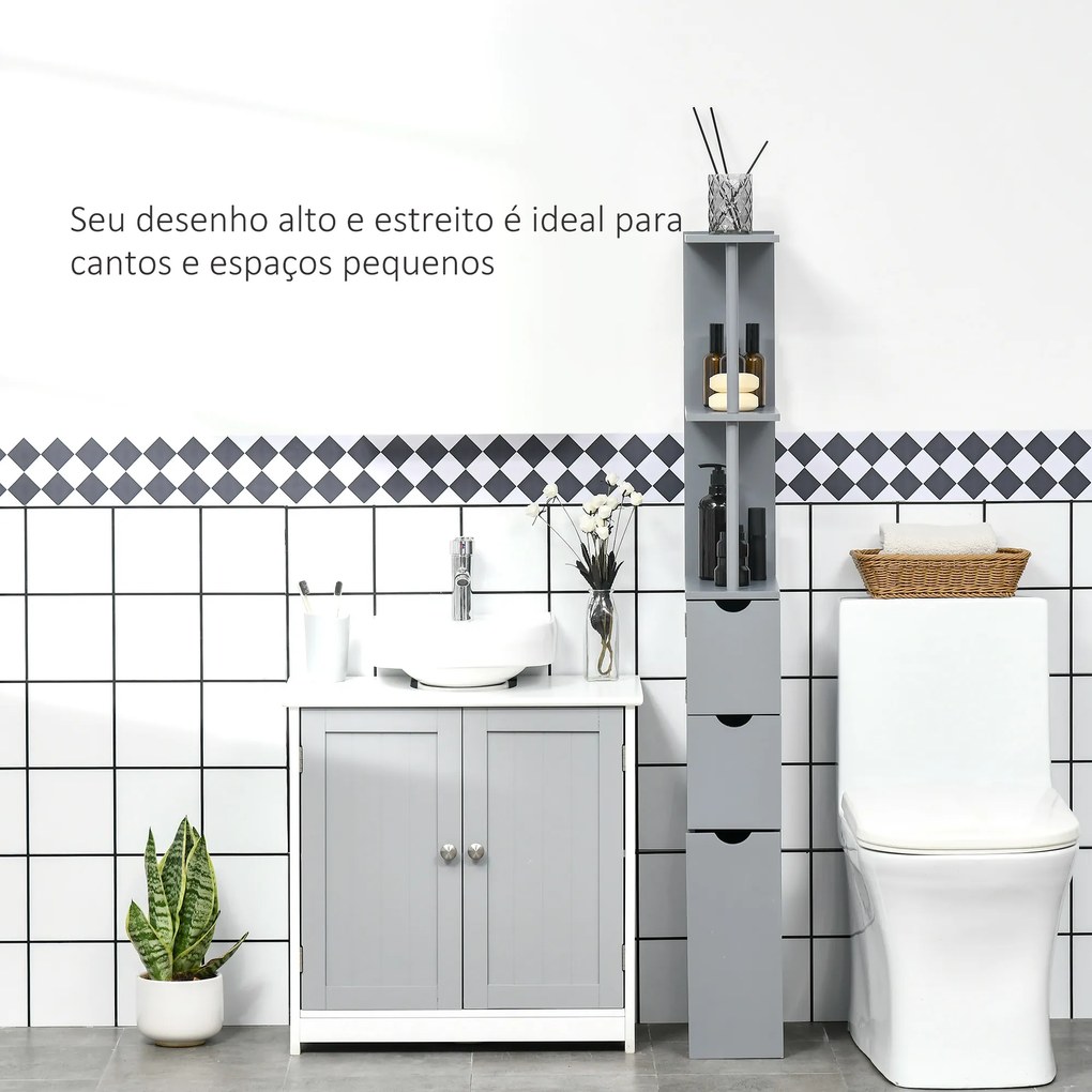 Coluna Casa de Banho Armário Compacto Casa de Banho Móvel Auxiliar com 2 Prateleiras 2 Gavetas 15x33x136,5 cm Cinza