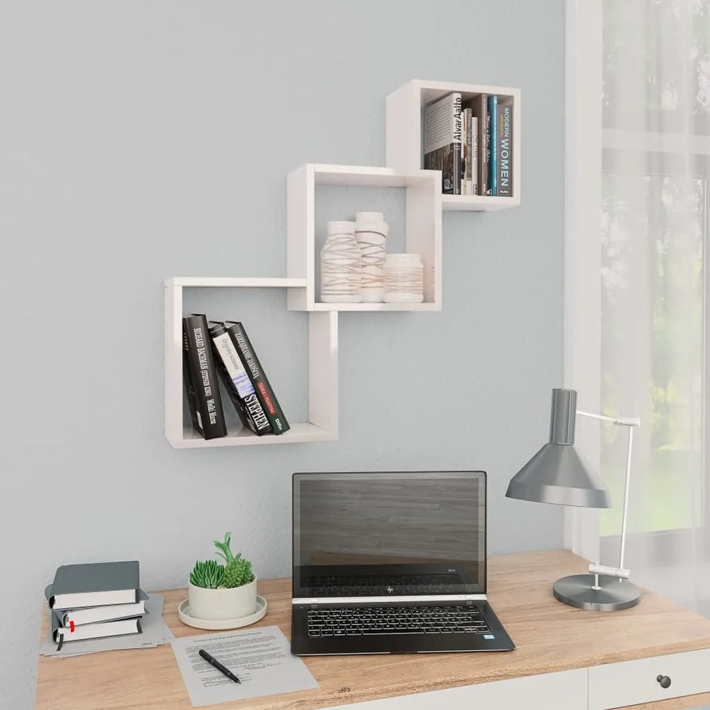 vidaXL Prateleiras parede cubos 68x15x68cm contrap. branco brilhante