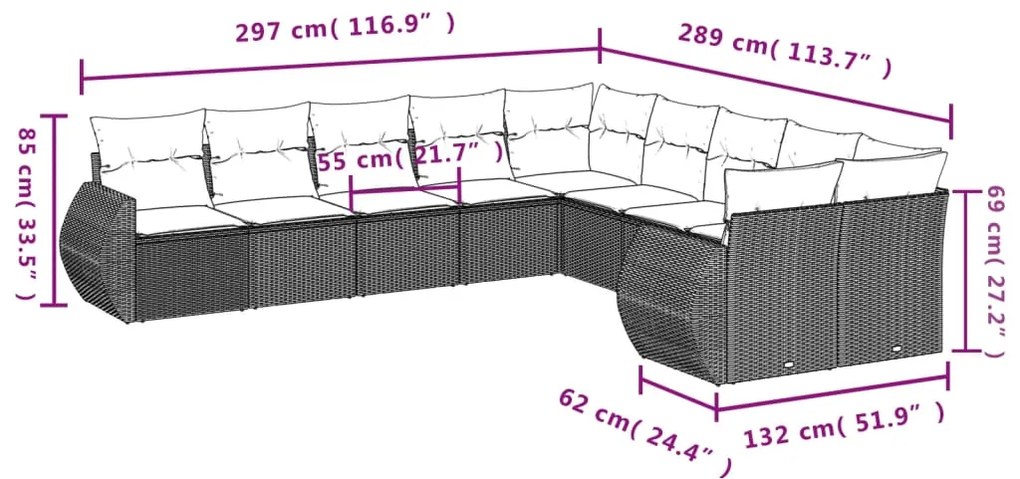 10 pcs conjunto sofás de jardim c/ almofadões vime PE preto