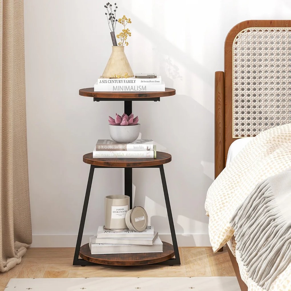 Conjunto de 2 mesas laterais redondas com estrutura de metal e apoios para os pés ajustáveis, mesa de cabeceira com armazenamento - 2 peças