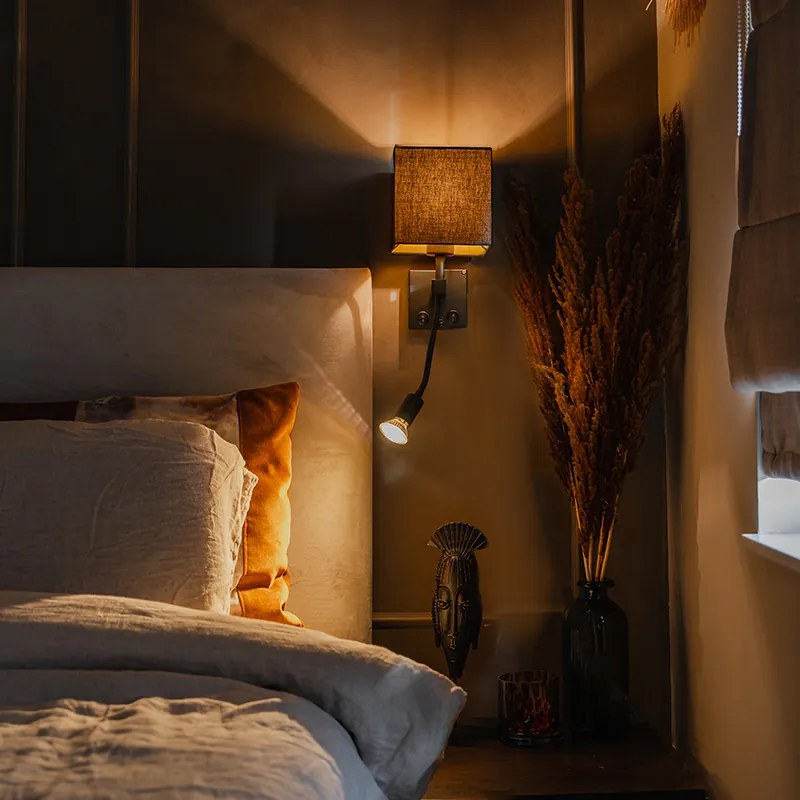 Candeeiro de parede moderno preto com USB e abajur quadrado preto - Zeno