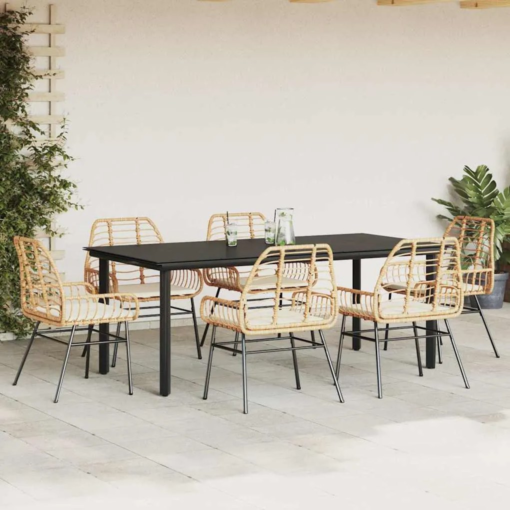 Conjunto jantar jardim 7 peças almofadas vidro vime PE castanho