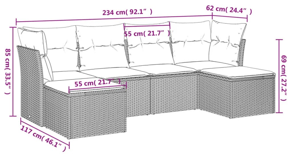 6 pcs conjunto de sofás p/ jardim com almofadões vime PE bege