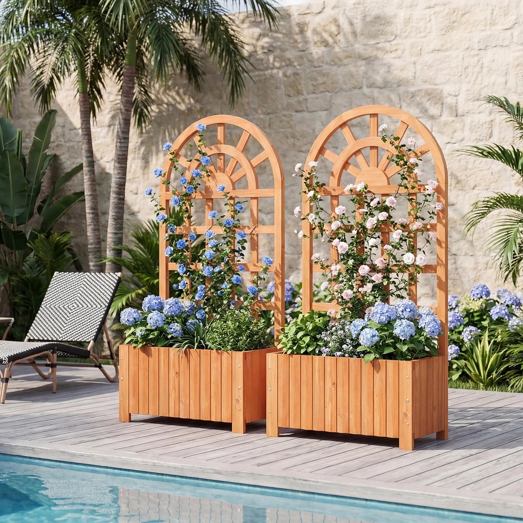 Floreira elevada de madeira com treliça 61 x 30 x 121 cm, tela de privacidade e orifícios de drenagem para plantas trepadeiras, hortaliças e flores Ma