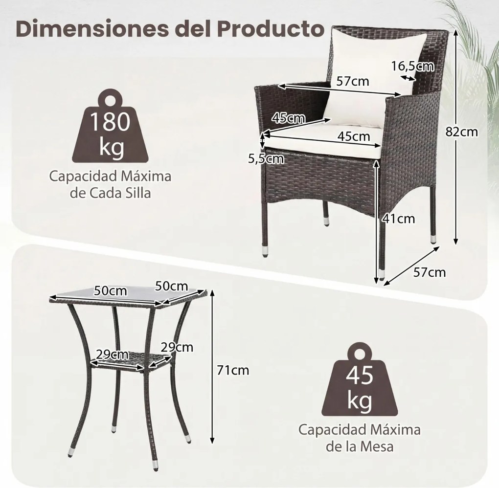 Conjunto de jardim de 3 peças: cadeiras de vime castanho misto com mesa de vidro temperado de dupla camada Castanho com almofadas brancas