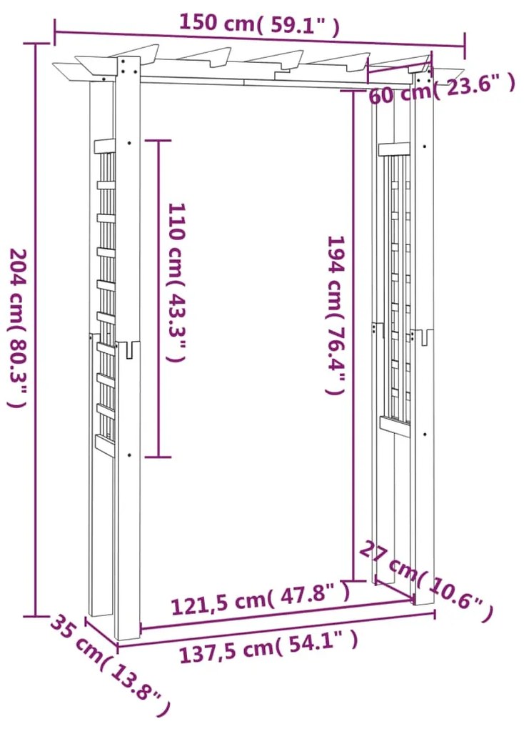 Pérgola 150x60x204 cm madeira impregnada