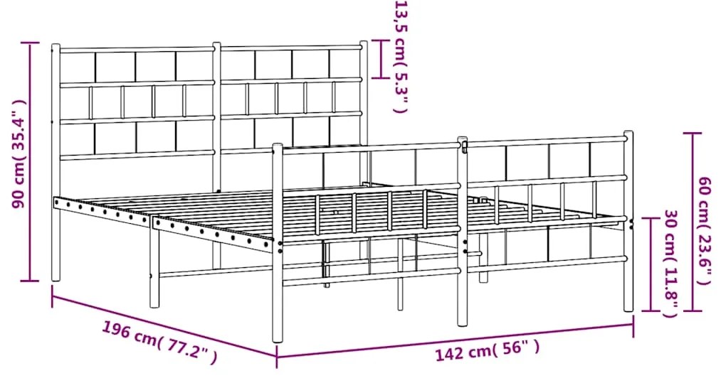 Estrutura de cama com cabeceira e pés 135x190 cm metal branco