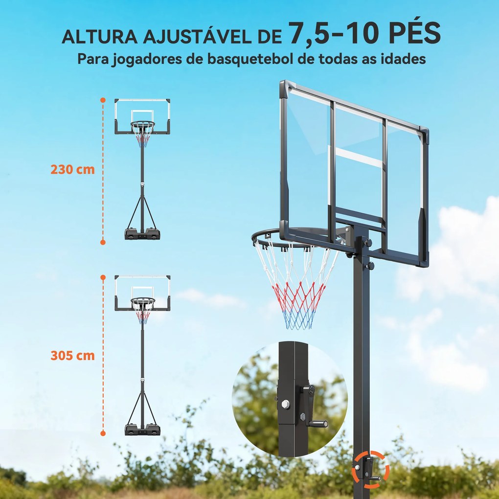 Cesto de Basquetebol para Exterior com Altura Ajustável Portátil Estrutura Dobrável Painel Inquebrável Rodas e Base Preenchível 120x70x300-375 cm Pret
