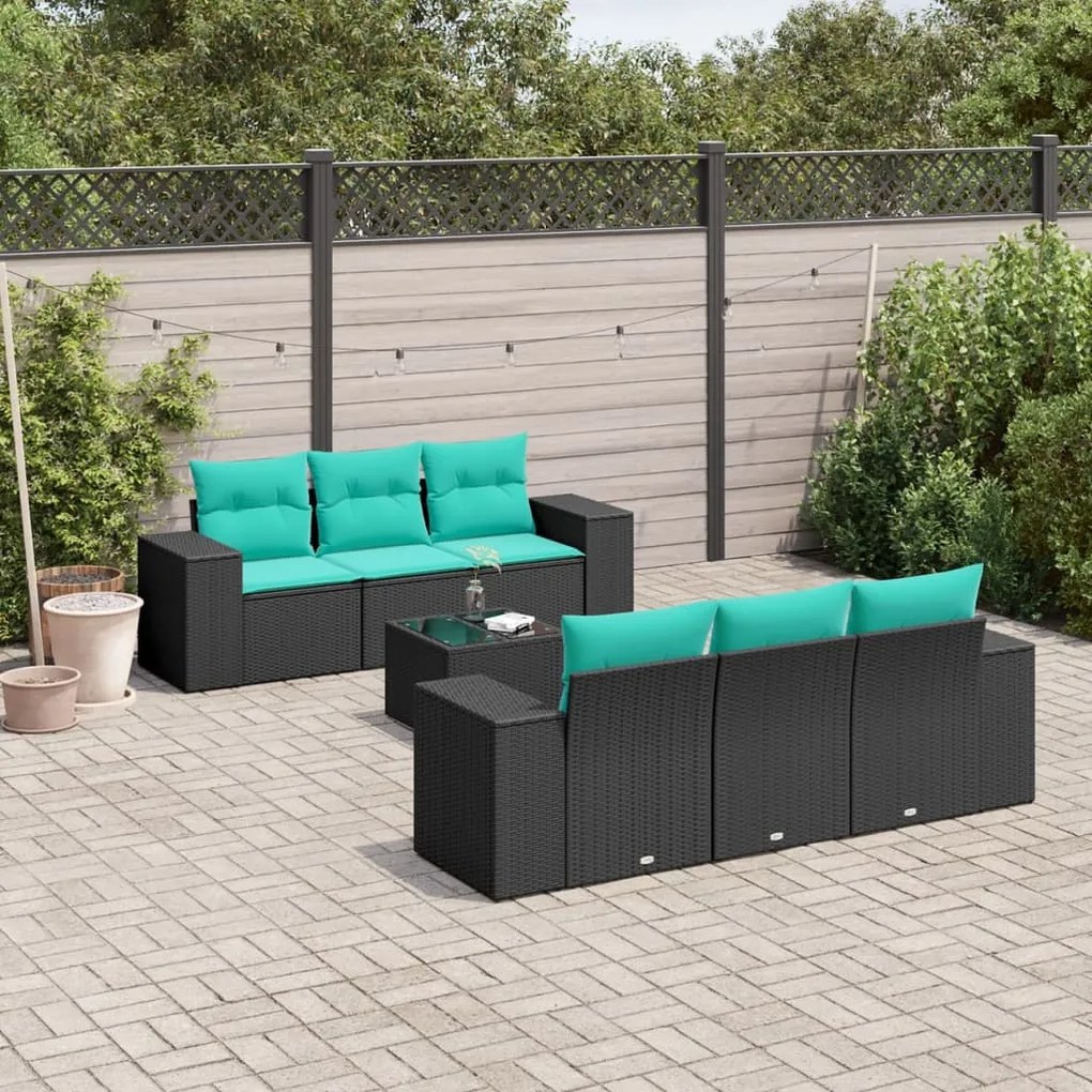 vidaXL 7 pcs conjunto de sofás p/ jardim c/ almofadões vime PE preto