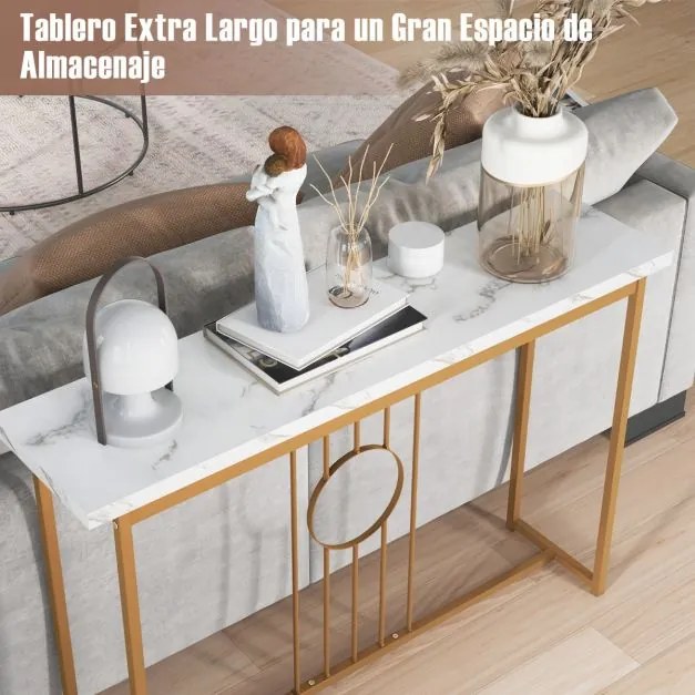 Mesa Consola de Entrada Moderna Mesa Auxiliar Grande com tampo imitação mármore 120 x 30 x 80,5 cm Dourada e branca