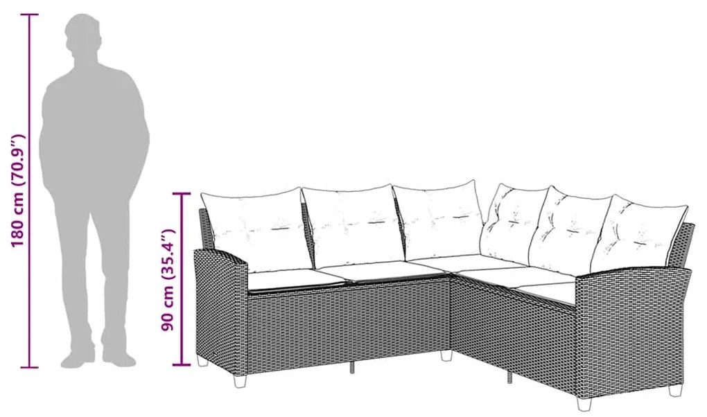 Sofá-sofá em forma de L com almofadas vime PE cinza