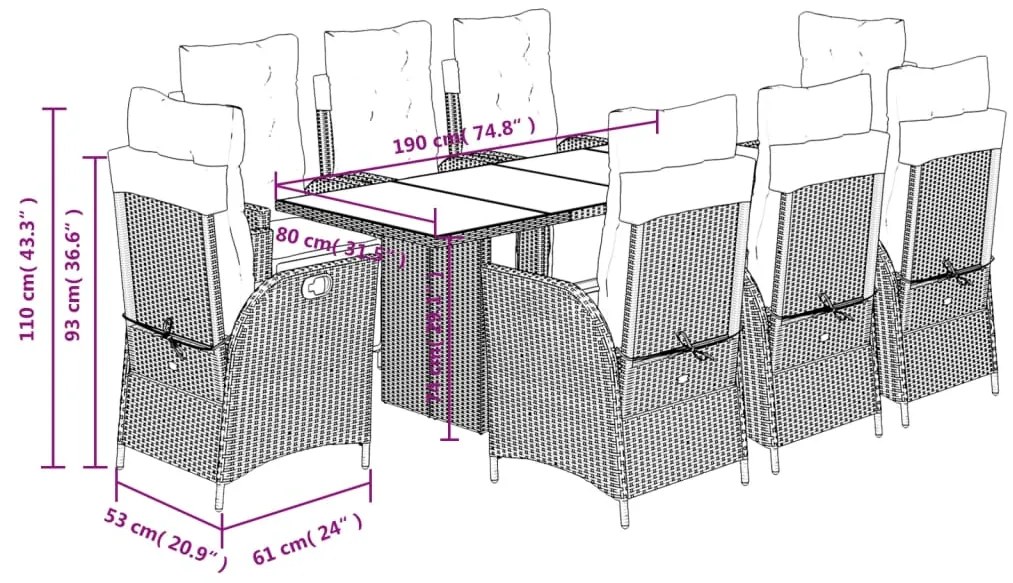 9 pcs conjunto de jantar p/ jardim c/ almofadões vime PE cinza