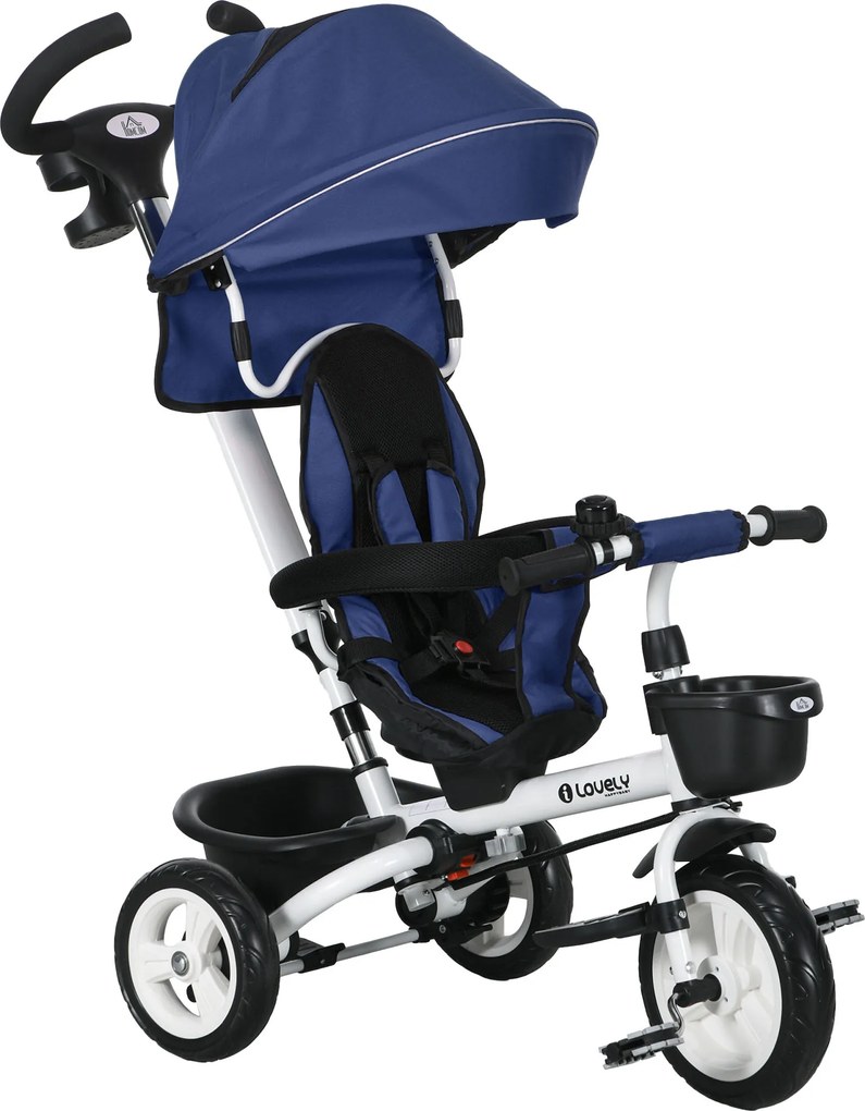 HOMCOM Triciclo para Bebés Dobrável 2 em 1 para Crianças com Toldo Dobrável Guiador Cinto de Segurança 112x50x104 cm Azul | Aosom Portugal