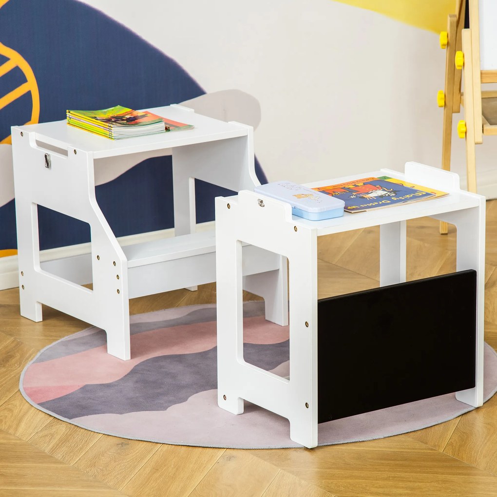 HOMCOM Torre de Aprendizagem para Crianças 3-6 Anos de Madeira Torre de Aprendizagem Infantil Convertível em Secretária com Ardósia e Barra de Segurança para Casa de Banho Cozinha 42x44x86cm Branco