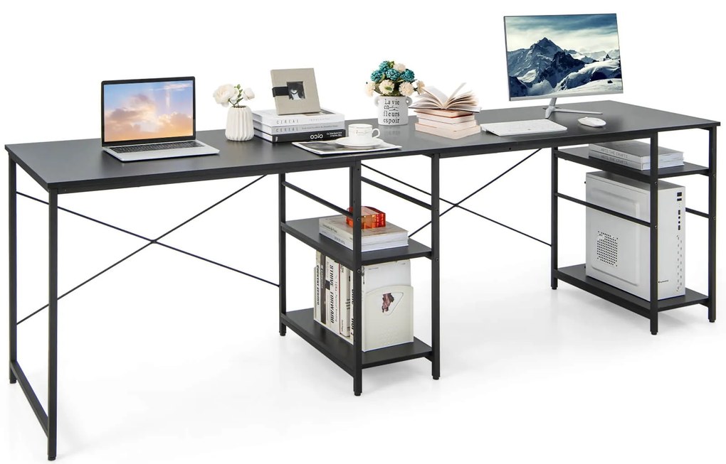 Mesa de computador em formato de L com 4 prateleiras de armazenamento e orifícios para cabos - Natural