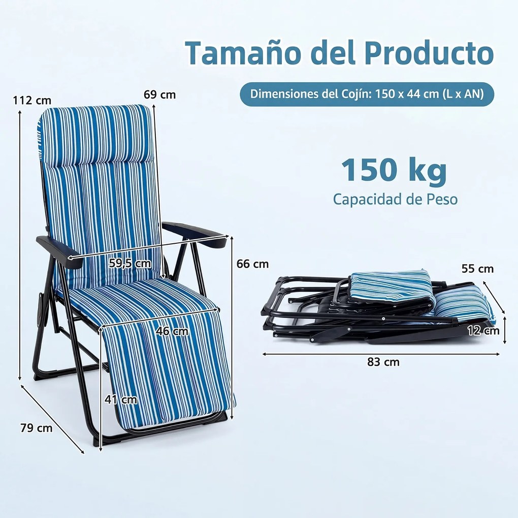 Espreguiçadeira de Jardim Dobrável, 59,5 x 79 x 112 cm, Encosto de 6 Posições, Azul + Branco