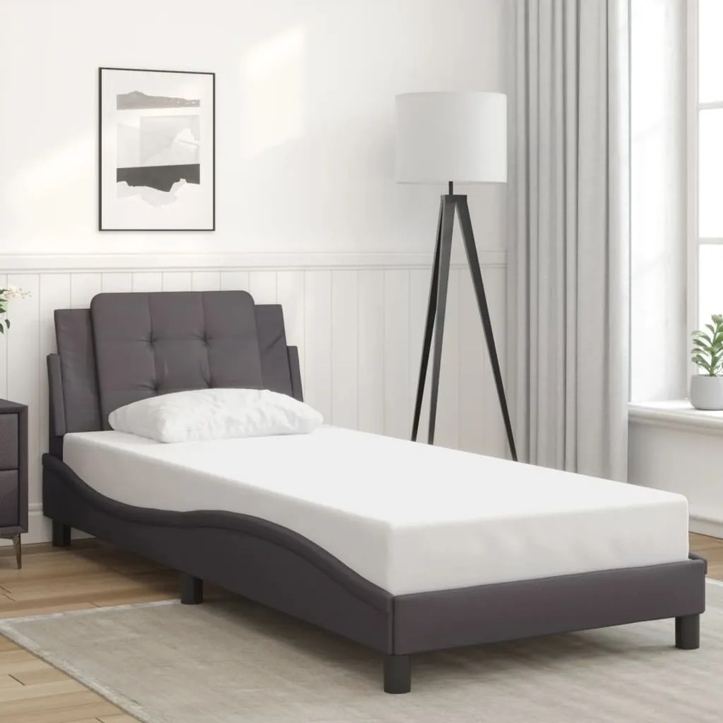 Estrutura cama c/ cabeceira couro artificial 90x190 cm cinzento