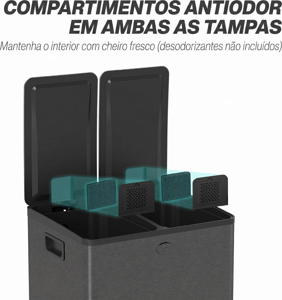 Caixote Lixo de Cozinha em Aço Inoxidável com 2 Compartimentos 2x20L Pedal, Tampas de Fecho Suave e Balde Removível Preto