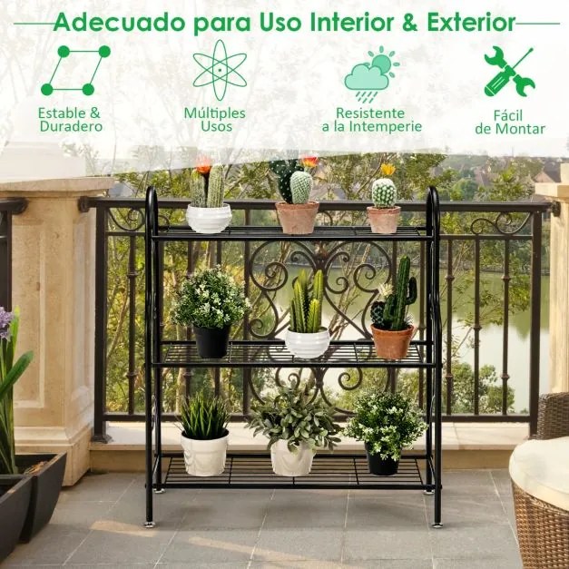 Estante metálica de 3 níveis para plantas com padrão de rolagem elegante e multifuncional 72 x 25 x 85 cm preto