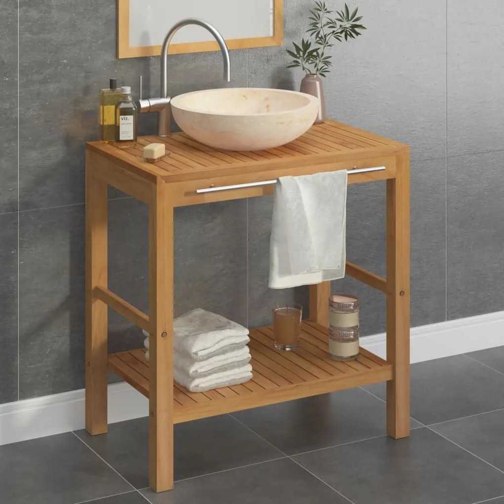 vidaXL Armário casa de banho teca maciça + lavatório mármore cor creme