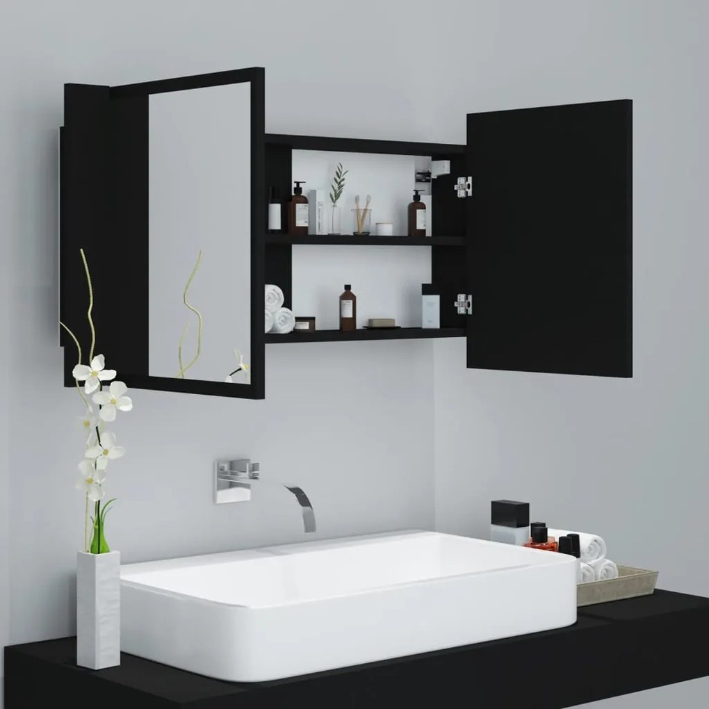 Armário espelhado casa de banho LED 90x12x45 cm acrílico preto