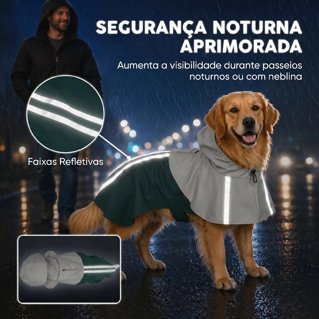 Impermeável para Cães com Capuz Verde L com Bandas Refletoras e Abertura para Trela Cães Grandes 20–30 kg Verde