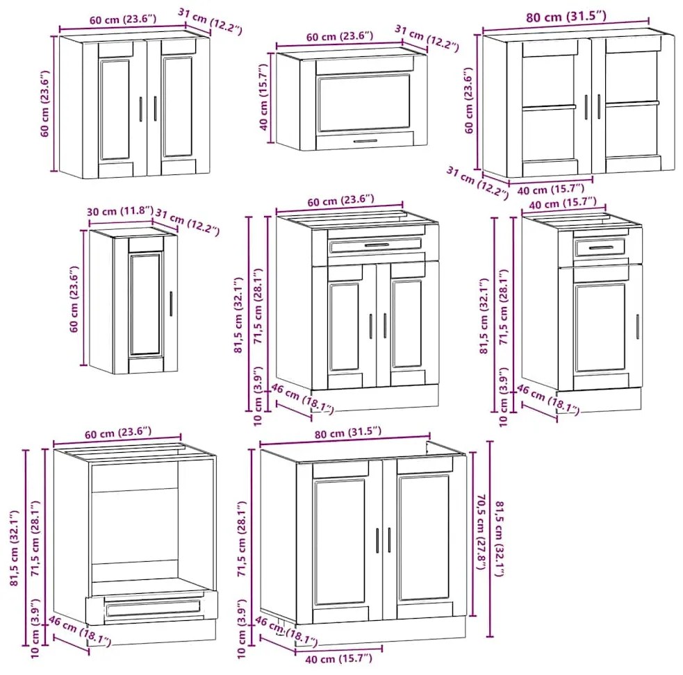 8 peças armário de cozinha conjunto Kalmar cinza sonoma