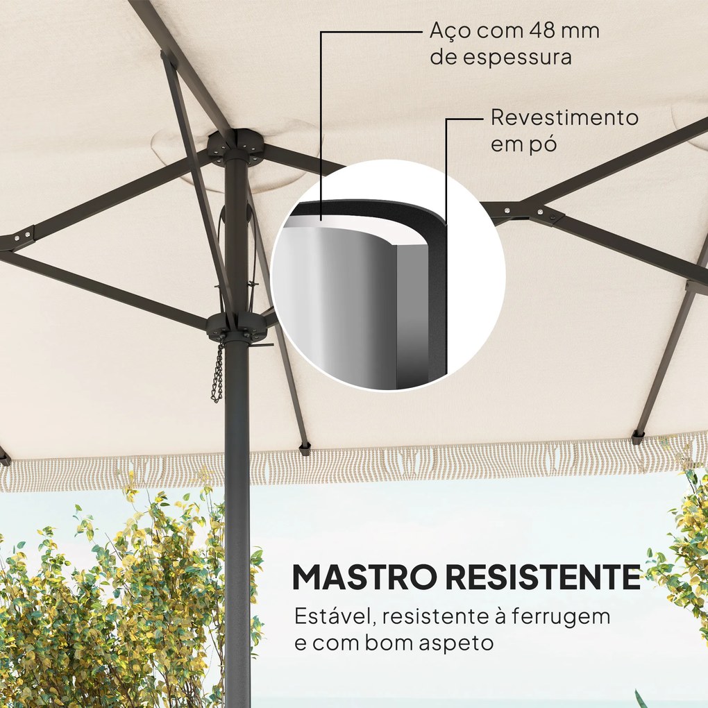 Chapéu de Sol Duplo 4,5x2,65 m com Manivela Manual Resistente a Água e Proteção UV30+ Chapéu de Sol Grande Creme