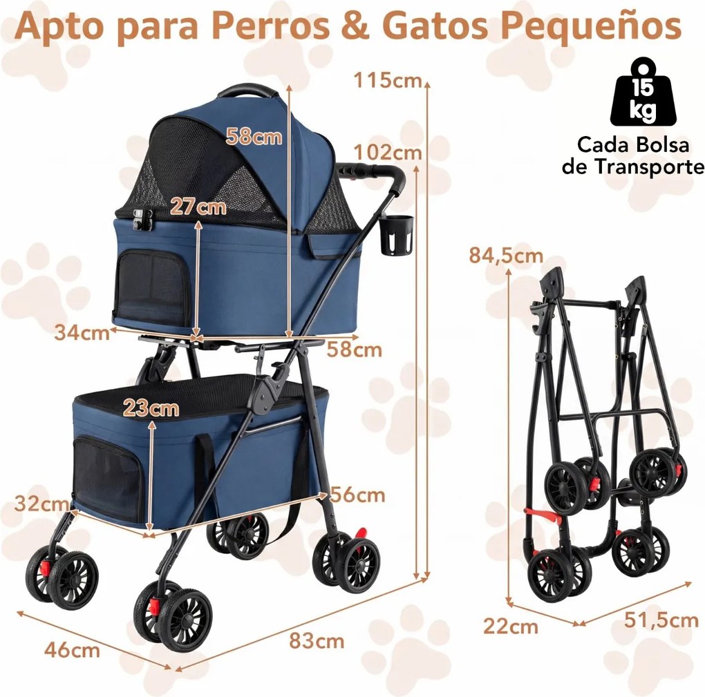 Carrinho duplo para animais de estimação 3 em 1, dobrável, com 2 caixas de transporte removíveis, assentos tipo cadeira de carro, 4 rodas, bloqueio de