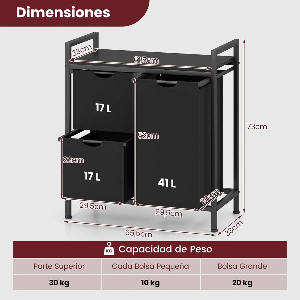 Cesto para roupa suja 66,5 cm x 33 cm x 72 cm com prateleira e 3 sacos removíveis para casa de banho e quarto Preto