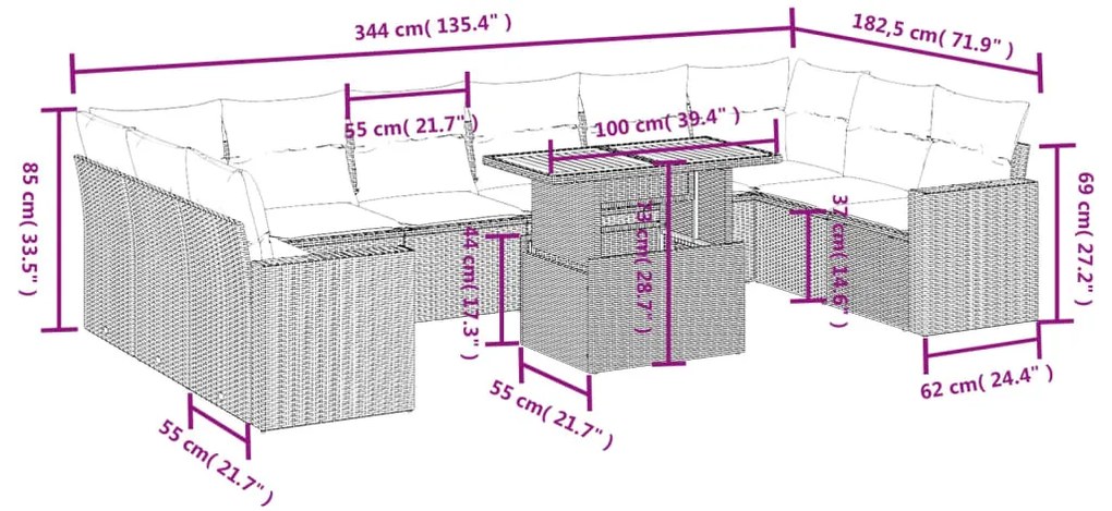 11 pcs conjunto sofás de jardim c/ almofadões vime PE cinzento